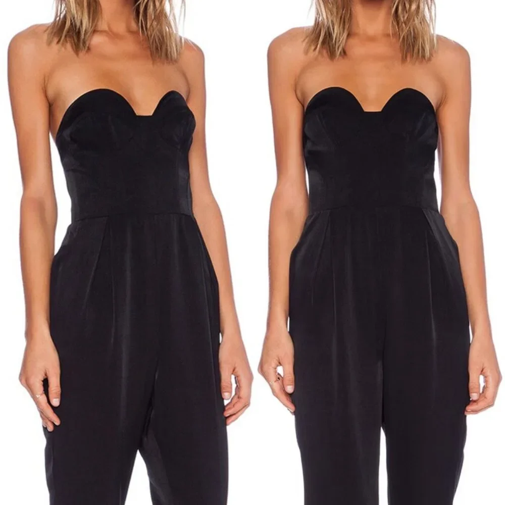 Keepsake Hearts On Fire Pant Suit Jumpsuit S Black Strapless Corset Pocket $190 - Picture 2 of 16